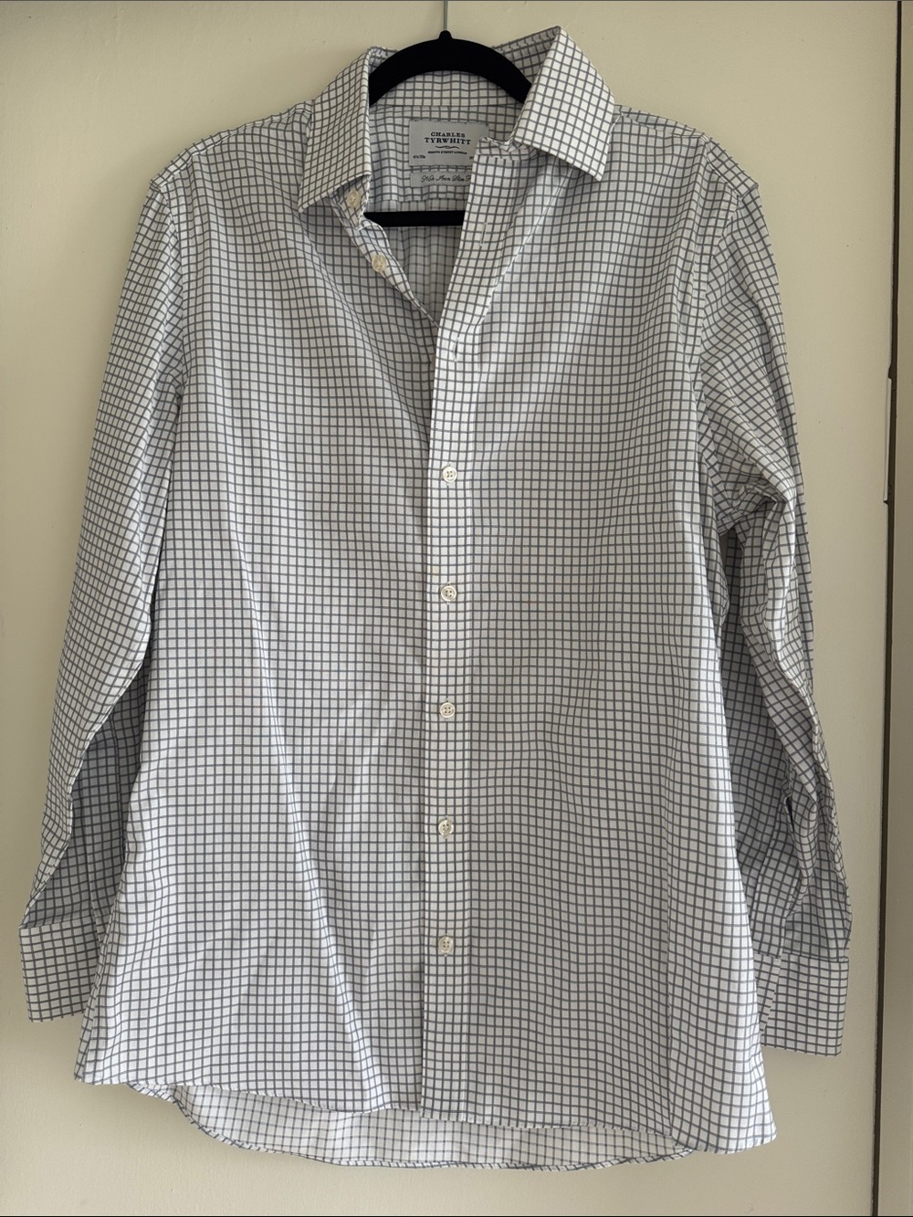 Charles Tyrwhitt White Dress Shirt with Gray Windowpane Check